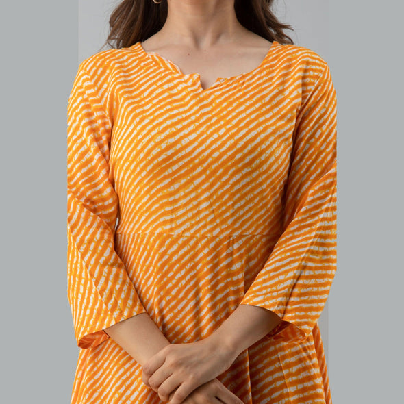 Women's Leheriya Yellow Flared Rayon Dress - FrionKandy