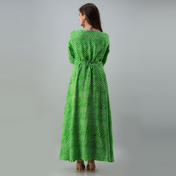 Women's Leheriya Green Flared Rayon Dress - FrionKandy