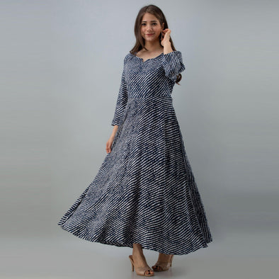 Women's Leheriya Dark Blue Flared Rayon Dress - FrionKandy