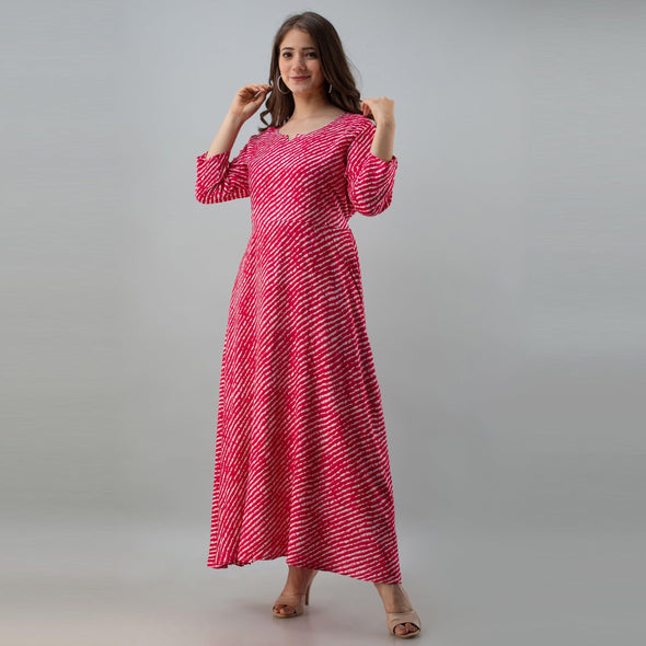 Women's Leheriya Pink Flared Rayon Dress - FrionKandy