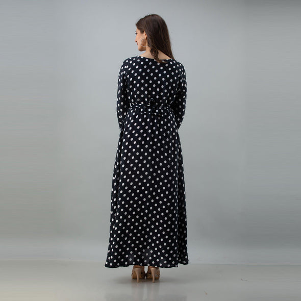 Women's Polka Print Black Flared Rayon Dress - FrionKandy