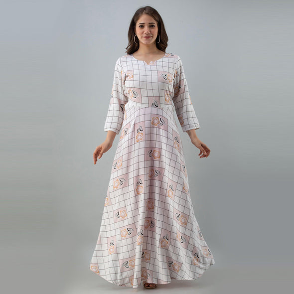 Women's Checkered White Flared Rayon Dress - URD1270 - Frionkandy
