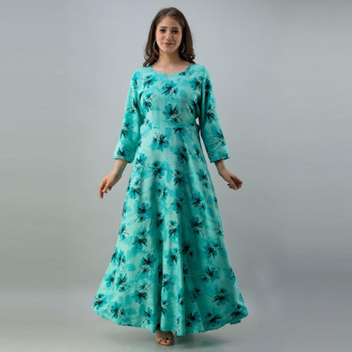 Women's Floral Print Light Blue Flared Rayon Dress - URD1273 - Frionkandy
