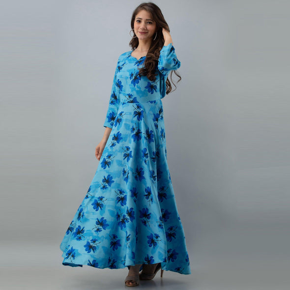 Women's Floral Print Blue Flared Rayon Dress - URD1274 - Frionkandy