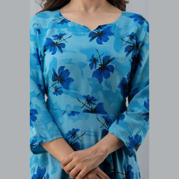 Women's Floral Print Blue Flared Rayon Dress - FrionKandy