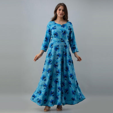 Women's Floral Print Blue Flared Rayon Dress - FrionKandy