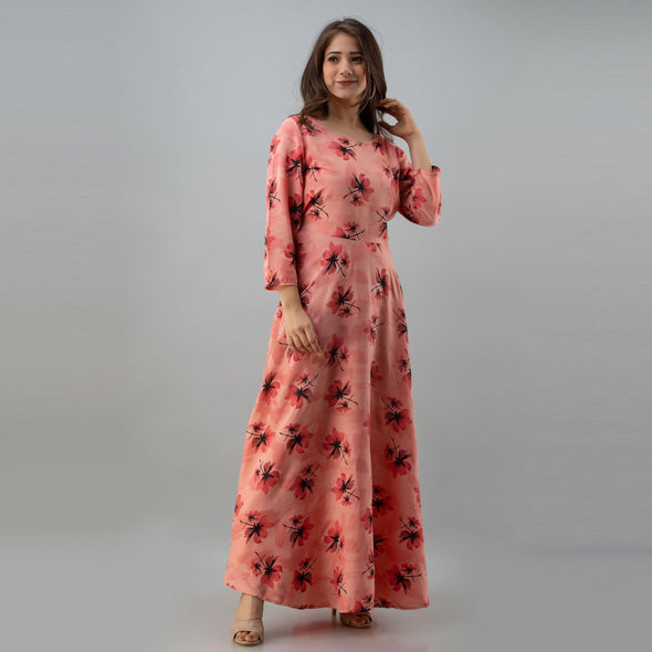 Women's Floral Print Pink Flared Rayon Dress - URD1275 - Frionkandy