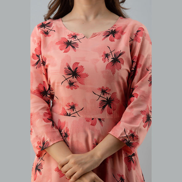 Women's Floral Print Pink Flared Rayon Dress - FrionKandy