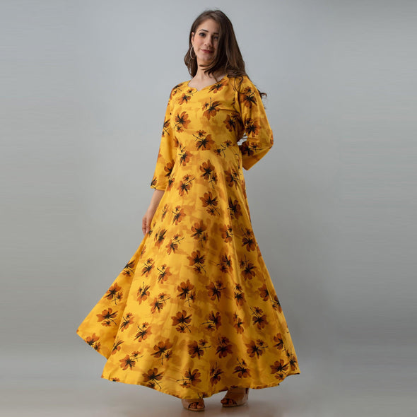 Women's Floral Print Yellow Flared Rayon Dress - URD1276 - Frionkandy