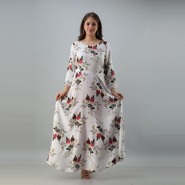 Women's Floral Print White Flared Rayon Dress - URD1278 - Frionkandy