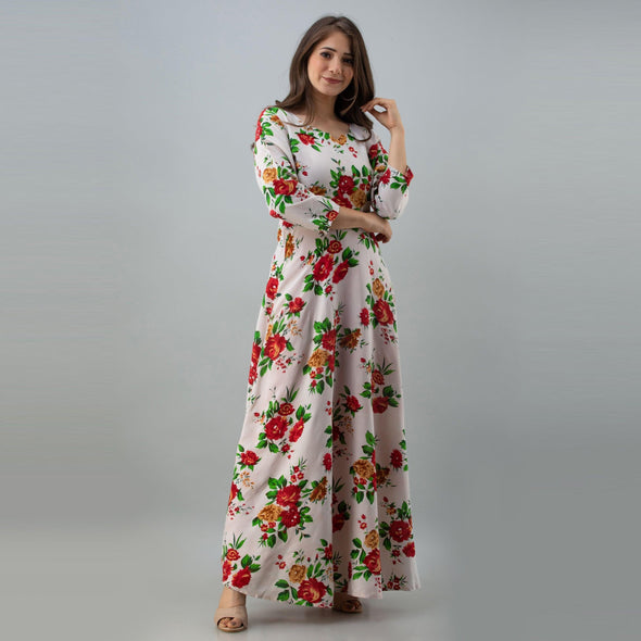 Women's Floral Print White Flared Rayon Dress - URD1280 - Frionkandy