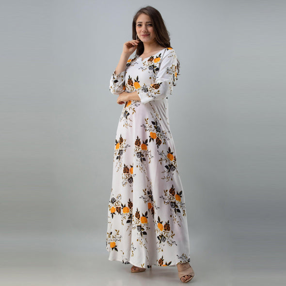Women's Floral Print White Flared Rayon Dress - FrionKandy