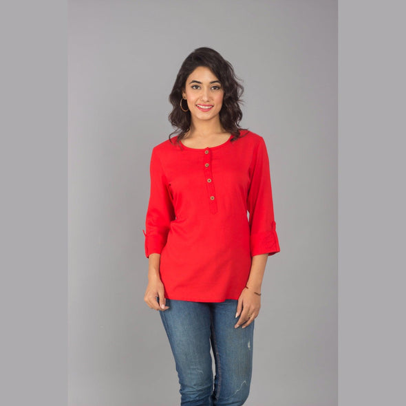 Rayon Red Solid Round Neck Casual Top - FrionKandy
