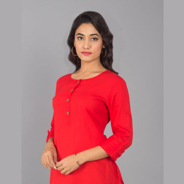 Rayon Red Solid Round Neck Casual Top - FrionKandy