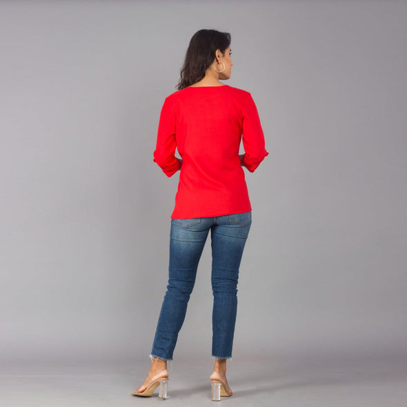 Rayon Red Solid Round Neck Casual Top - FrionKandy