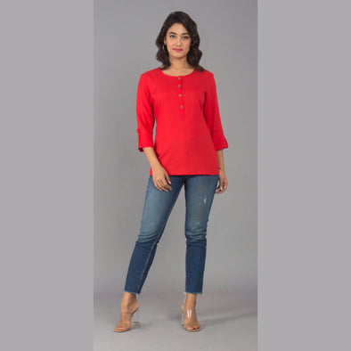 Rayon Red Solid Round Neck Casual Top - FrionKandy
