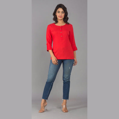 Rayon Red Solid Round Neck Casual Top - Frionkandy