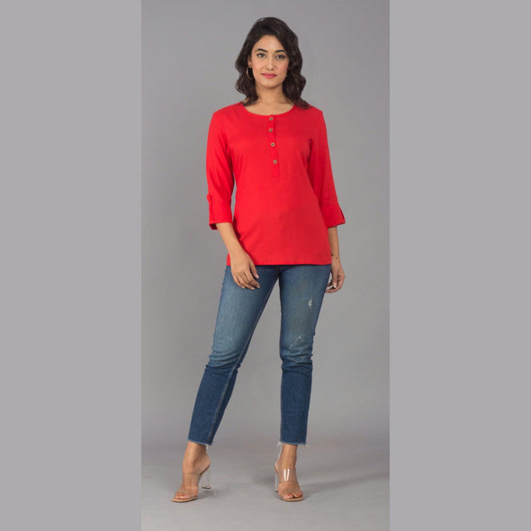 Rayon Red Solid Round Neck Casual Top - FrionKandy