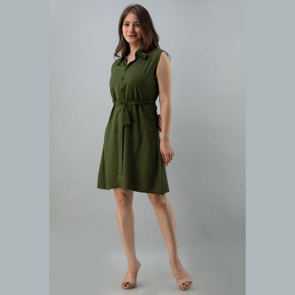 Rayon Bottle Green Solid Shirt Style Sleeveless Long Top - FrionKandy