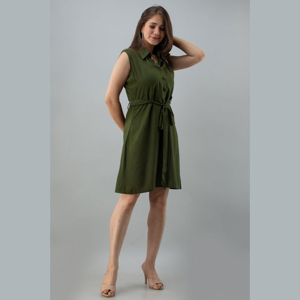 Rayon Bottle Green Solid Shirt Style Sleeveless Long Top - FrionKandy