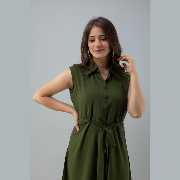 Rayon Bottle Green Solid Shirt Style Sleeveless Long Top - FrionKandy