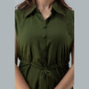Rayon Bottle Green Solid Shirt Style Sleeveless Long Top - FrionKandy