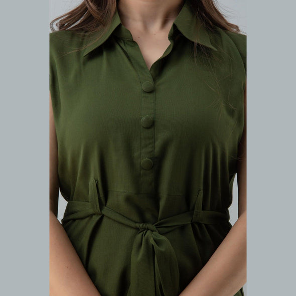 Rayon Bottle Green Solid Shirt Style Sleeveless Long Top - FrionKandy
