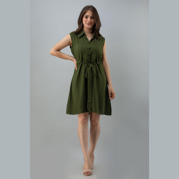 Rayon Bottle Green Solid Shirt Style Sleeveless Long Top - FrionKandy