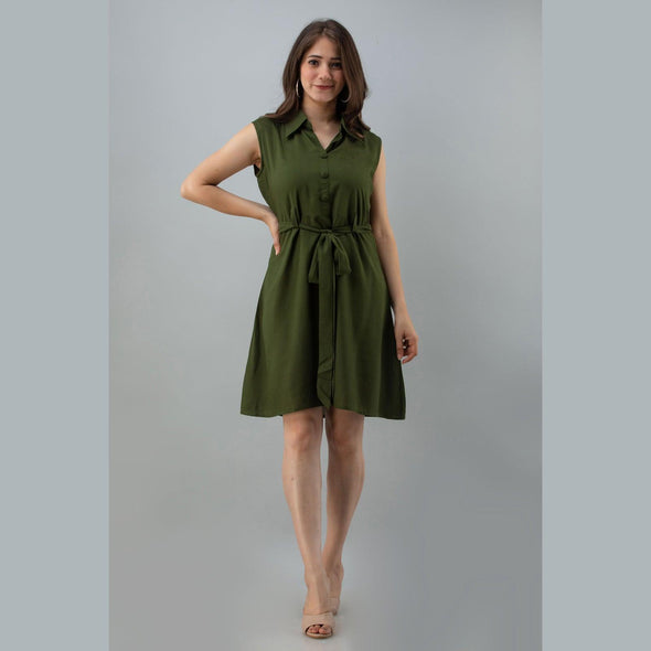 Rayon Bottle Green Solid Shirt Style Sleeveless Long Top - Frionkandy