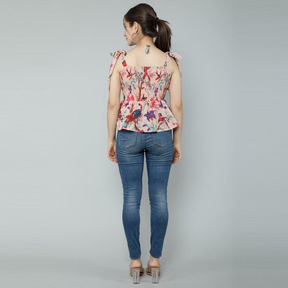 Women's Cotton Modal Floral Print Smocked Peplum Crop Top - FrionKandy