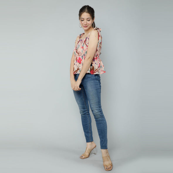 Women's Cotton Modal Floral Print Smocked Peplum Crop Top - FrionKandy