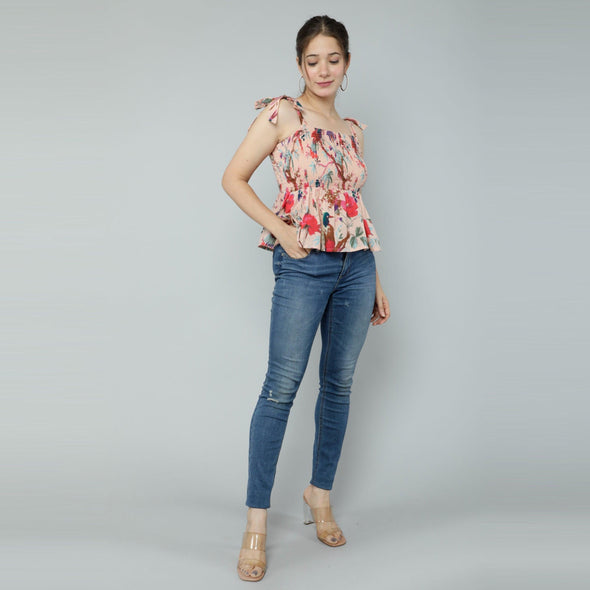 Women's Cotton Modal Floral Print Smocked Peplum Crop Top - FrionKandy