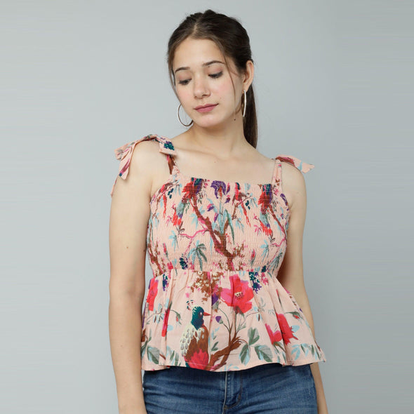 Women's Cotton Modal Floral Print Smocked Peplum Crop Top - FrionKandy