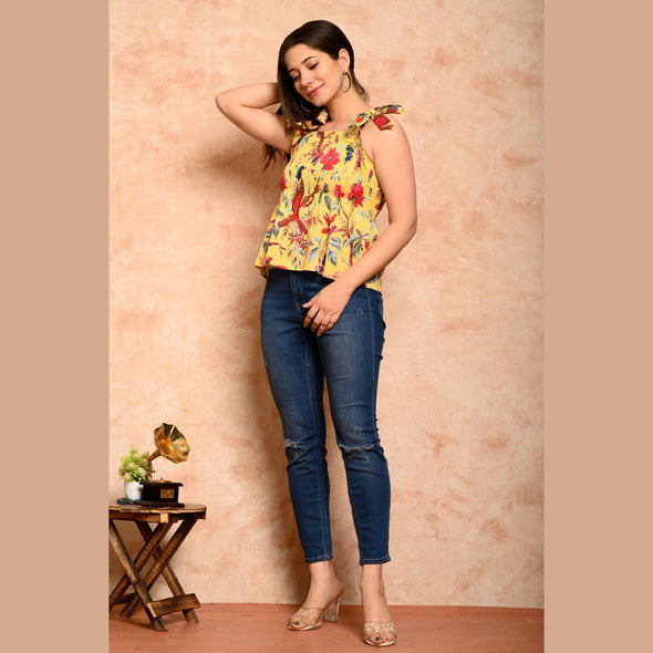 Yellow Bird Printed Shirred Top - FrionKandy