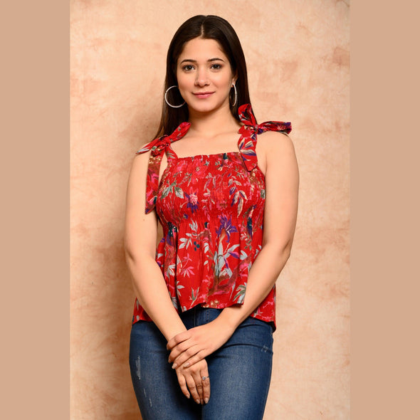 Red Bird Printed Shirred Top - FrionKandy
