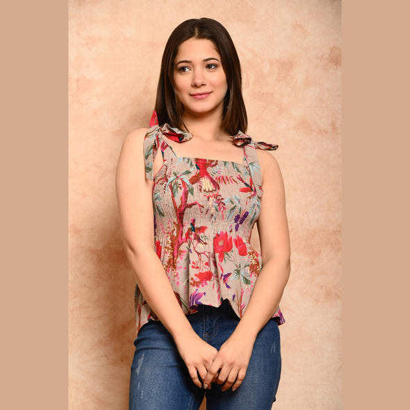 Peach Bird Printed Shirred Top - FrionKandy