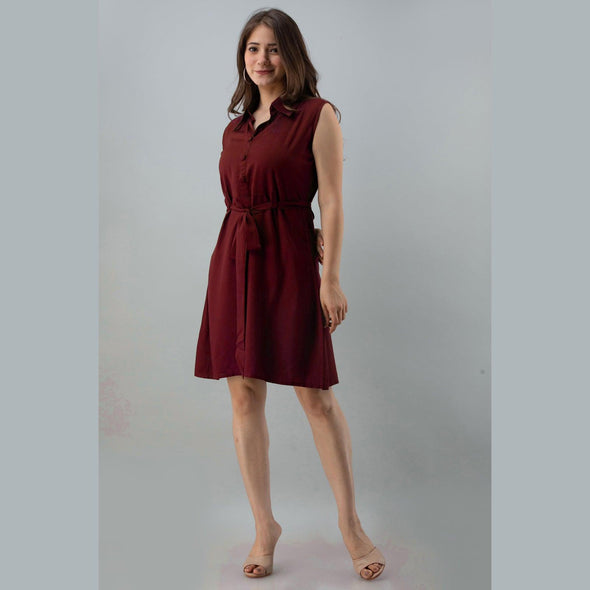 Rayon Maroon Solid Shirt Style Sleeveless Long Top - Frionkandy