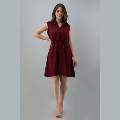 Rayon Maroon Solid Shirt Style Sleeveless Long Top - FrionKandy