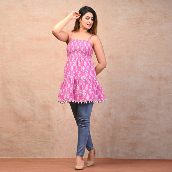 Pink Cotton Floral Print Smocked Top - Frionkandy