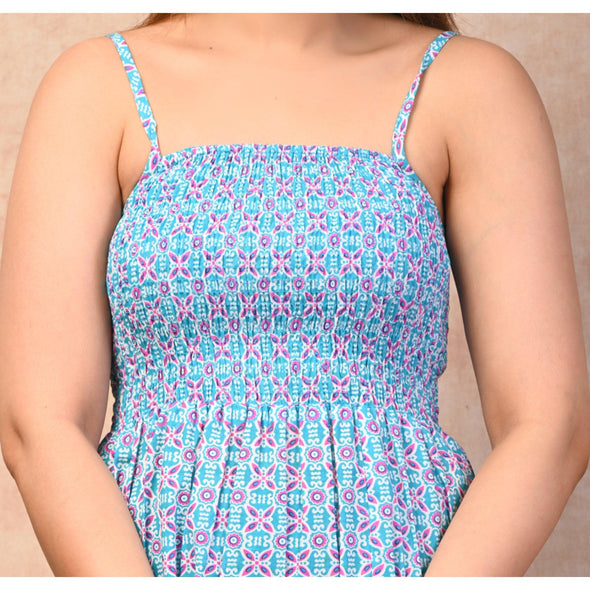 Aqua Blue Cotton Ethnic Print Smocked Top - Frionkandy