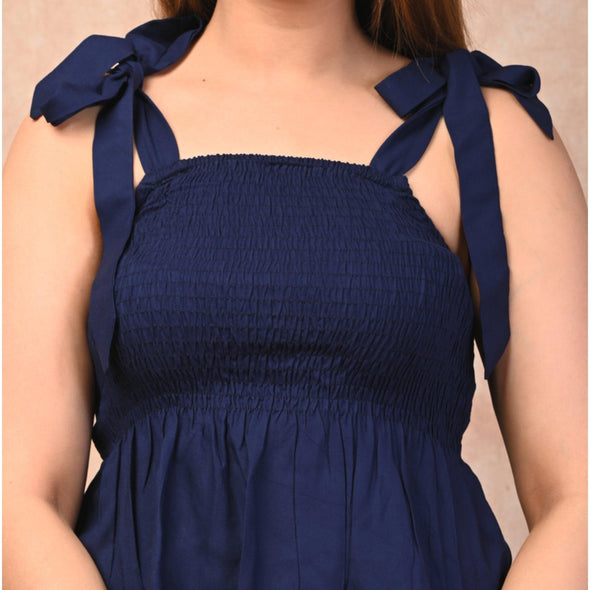 Navy Blue Rayon Solid Smocked Top - Frionkandy