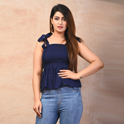 Navy Blue Rayon Solid Smocked Top - FrionKandy