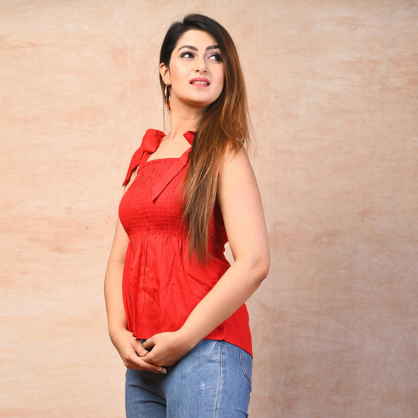 Red Rayon Solid Smocked Top - FrionKandy