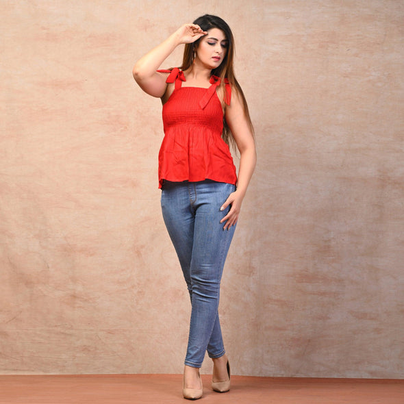 Red Rayon Solid Smocked Top - FrionKandy