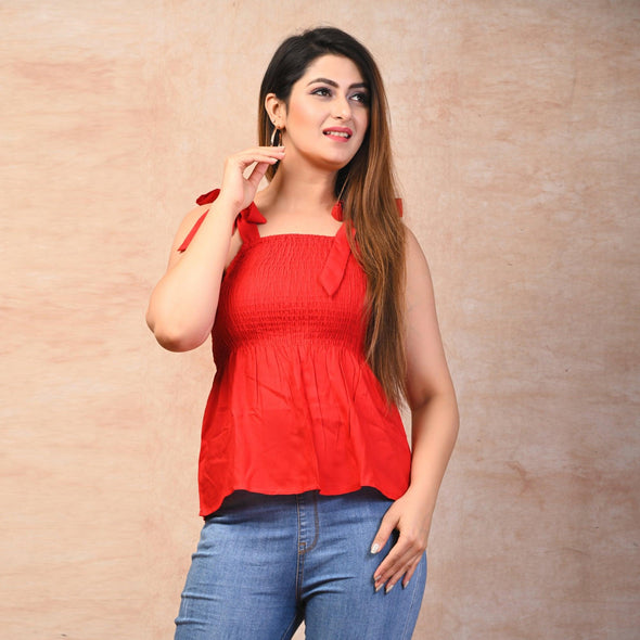 Red Rayon Solid Smocked Top - FrionKandy