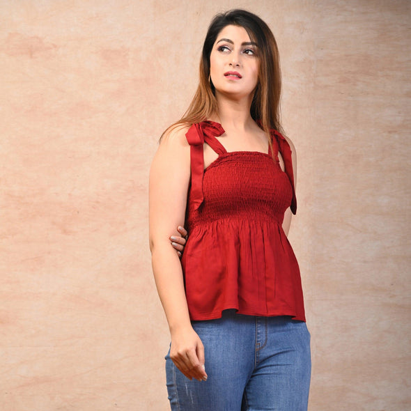 Maroon Rayon Solid Smocked Top - FrionKandy