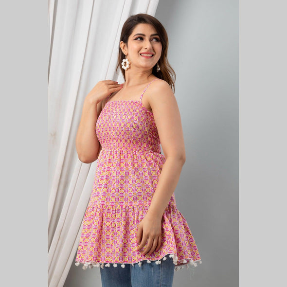 Cotton Pink Printed Smocked Sleeveless Top - FrionKandy