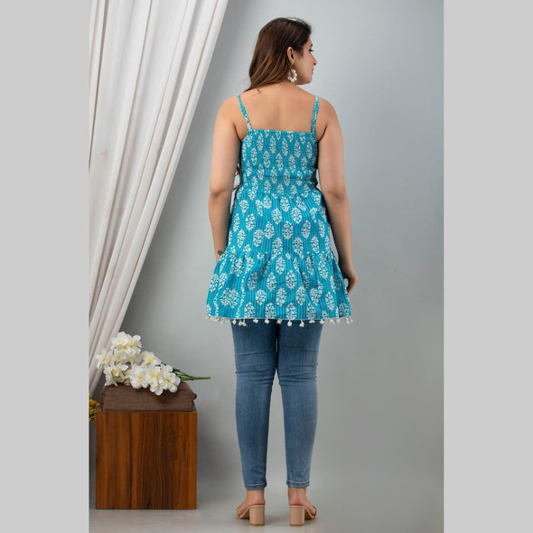 Cotton Aqua Blue Printed Smocked Sleeveless Top - Frionkandy