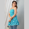 Cotton Aqua Blue Printed Smocked Sleeveless Top - Frionkandy