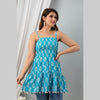 Cotton Aqua Blue Printed Smocked Sleeveless Top - Frionkandy